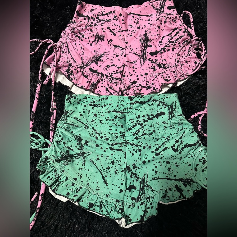 2 pack of Pink and Green Splatter Print Ruffle Shorts stretch material. Medium.
